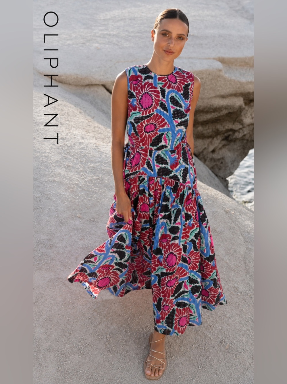 Oliphant Floral Dropped Waist Tiered Maxi Dress Side Tie Umbria Blue MSRP $428